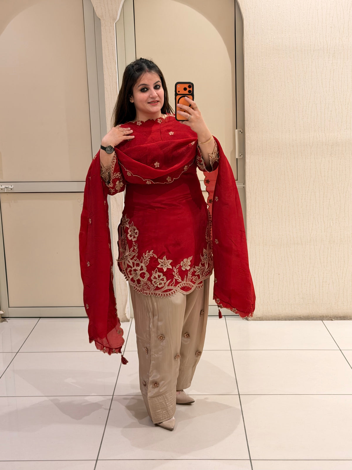 Red Embroidered Crepe Suit Set with Dupatta