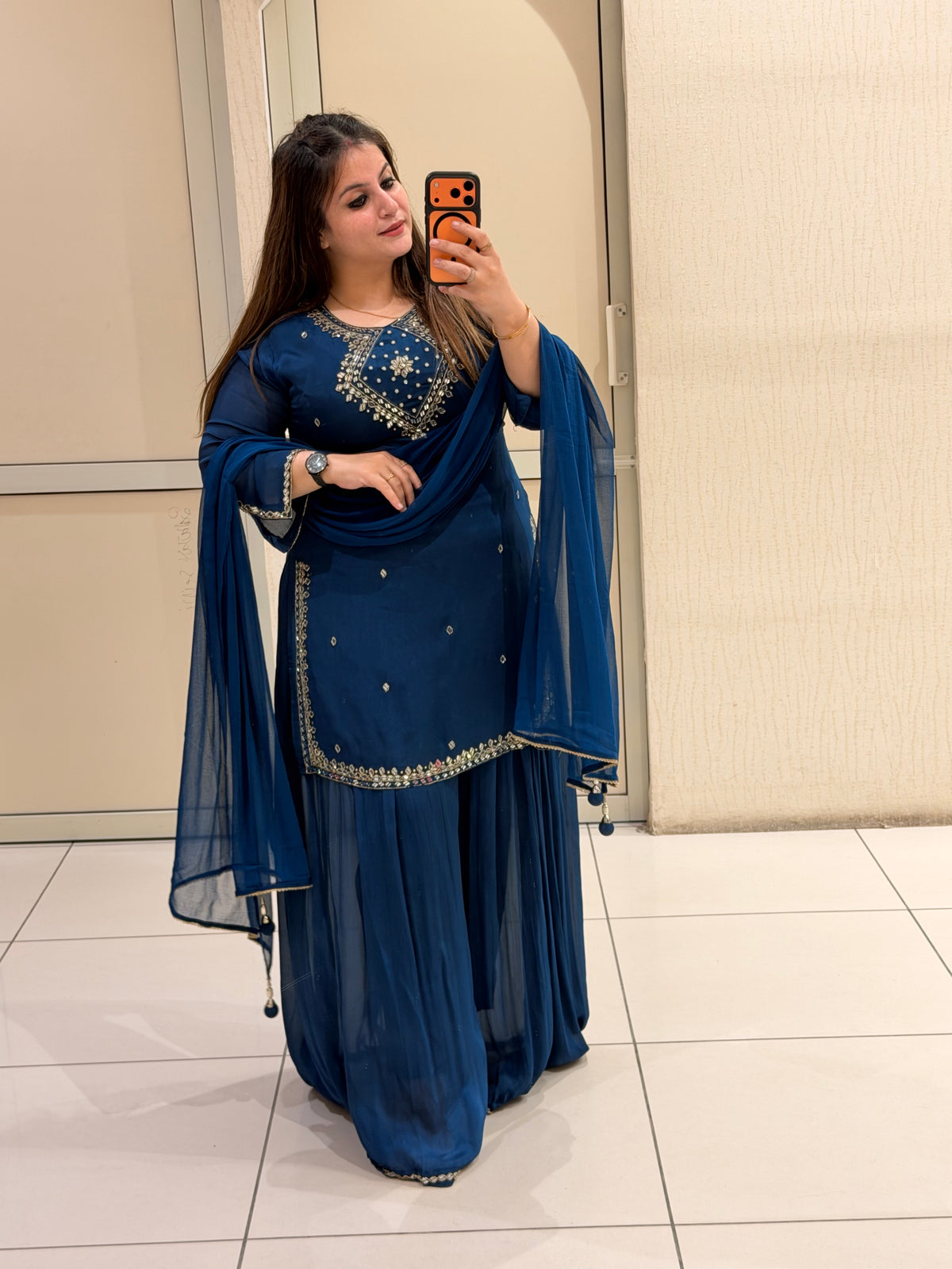 Navy Blue Chinon Embroidered Suit Set with Dupatta