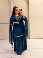 Navy Blue Chinon Embroidered Suit Set with Dupatta