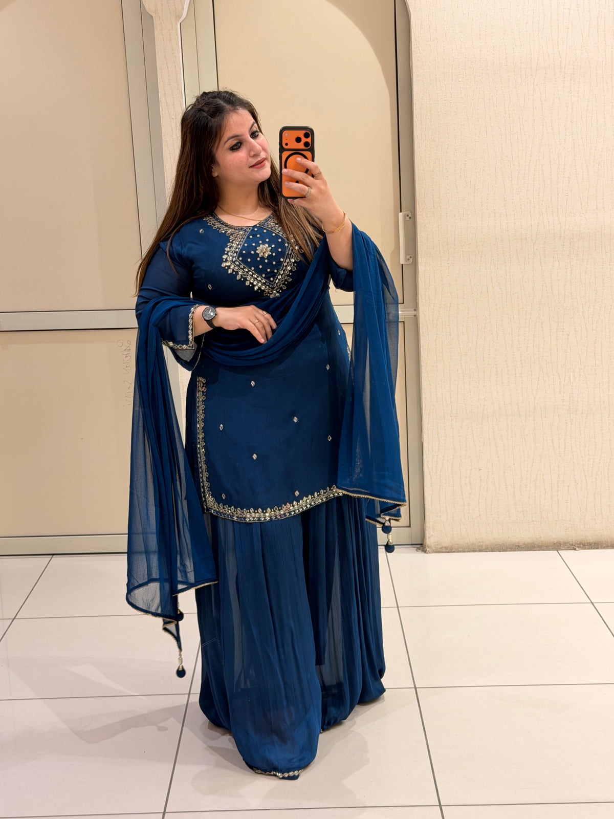 Navy Blue Chinon Embroidered Suit Set with Dupatta