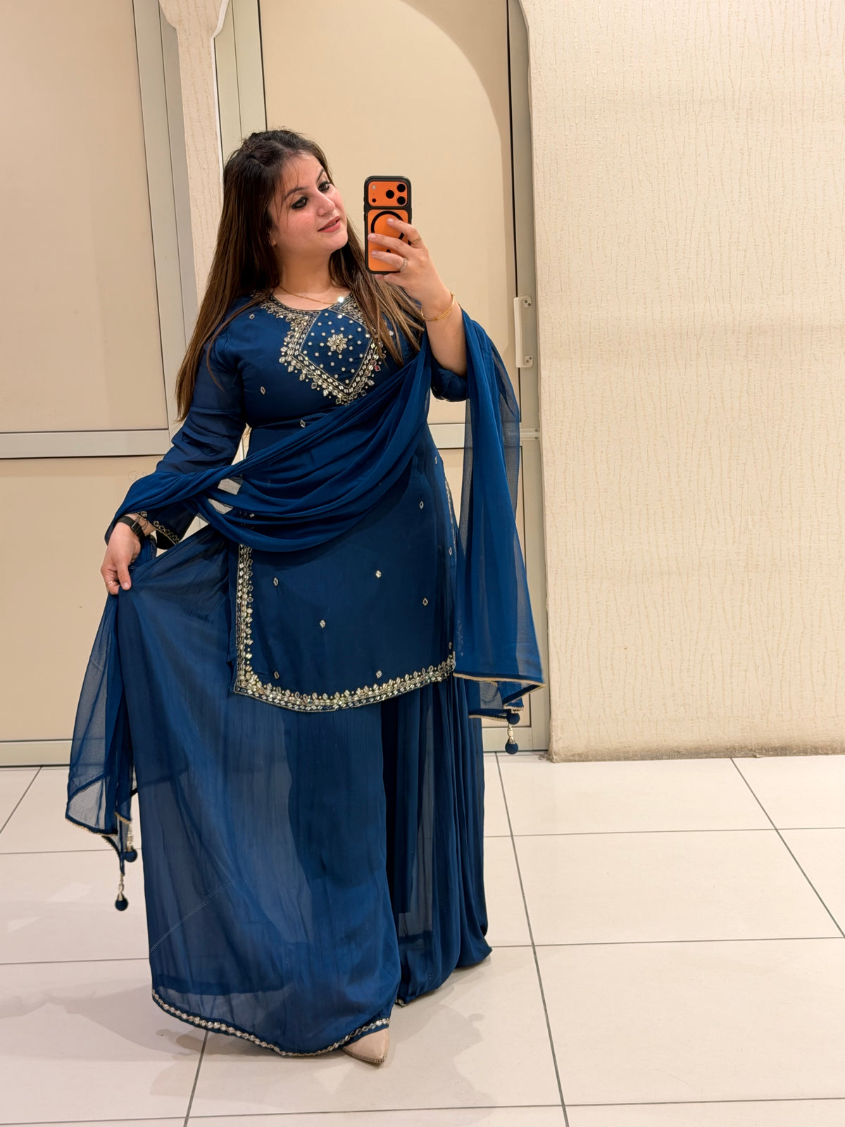 Navy Blue Chinon Embroidered Suit Set with Dupatta