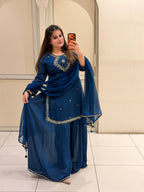 Navy Blue Chinon Embroidered Suit Set with Dupatta