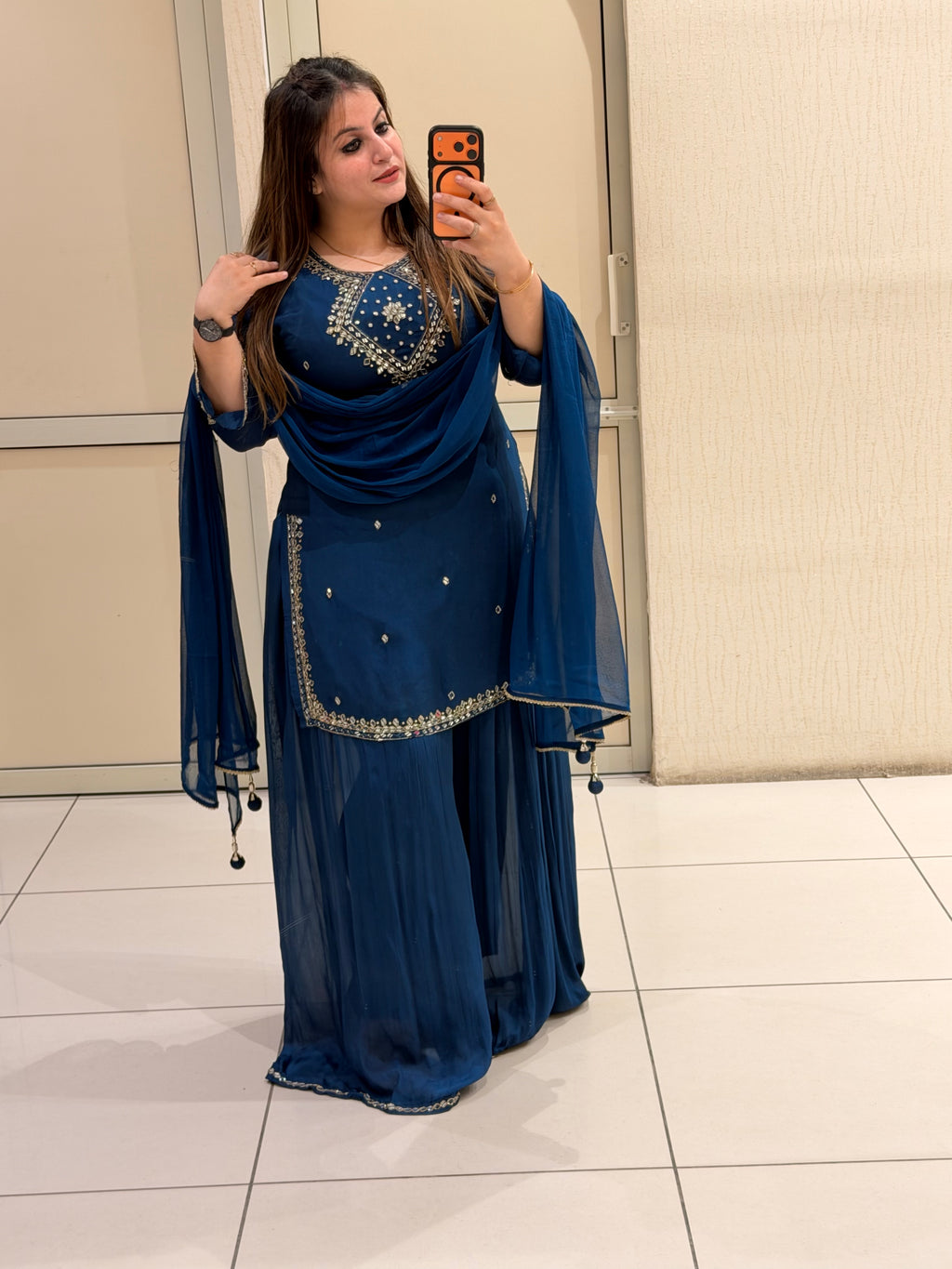 Navy Blue Chinon Embroidered Suit Set with Dupatta
