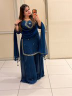 Navy Blue Chinon Embroidered Suit Set with Dupatta
