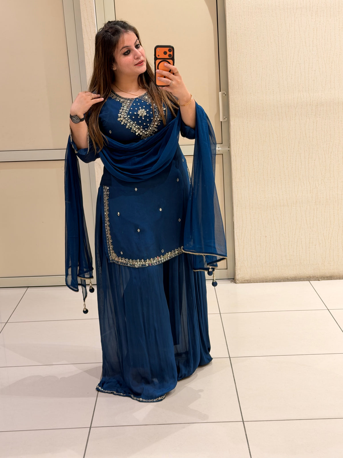 Navy Blue Chinon Embroidered Suit Set with Dupatta