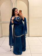 Navy Blue Chinon Embroidered Suit Set with Dupatta