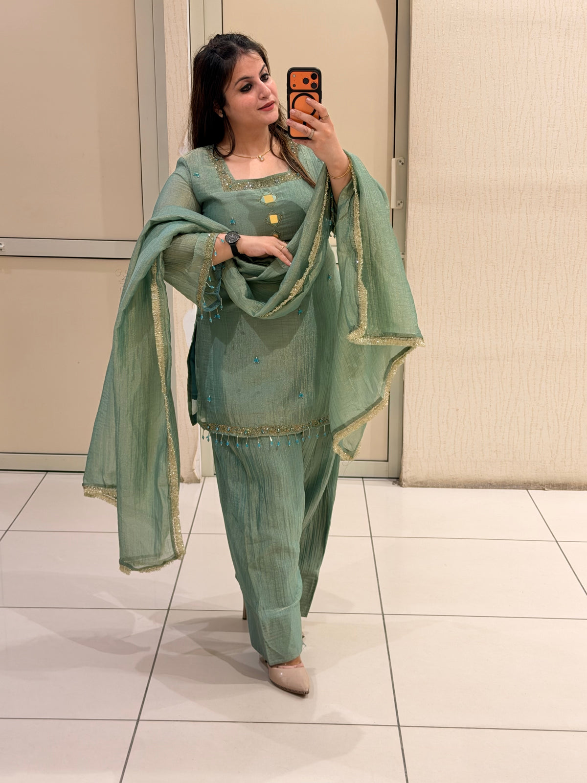 Pastel Green Crush Suit Set with Dupatta