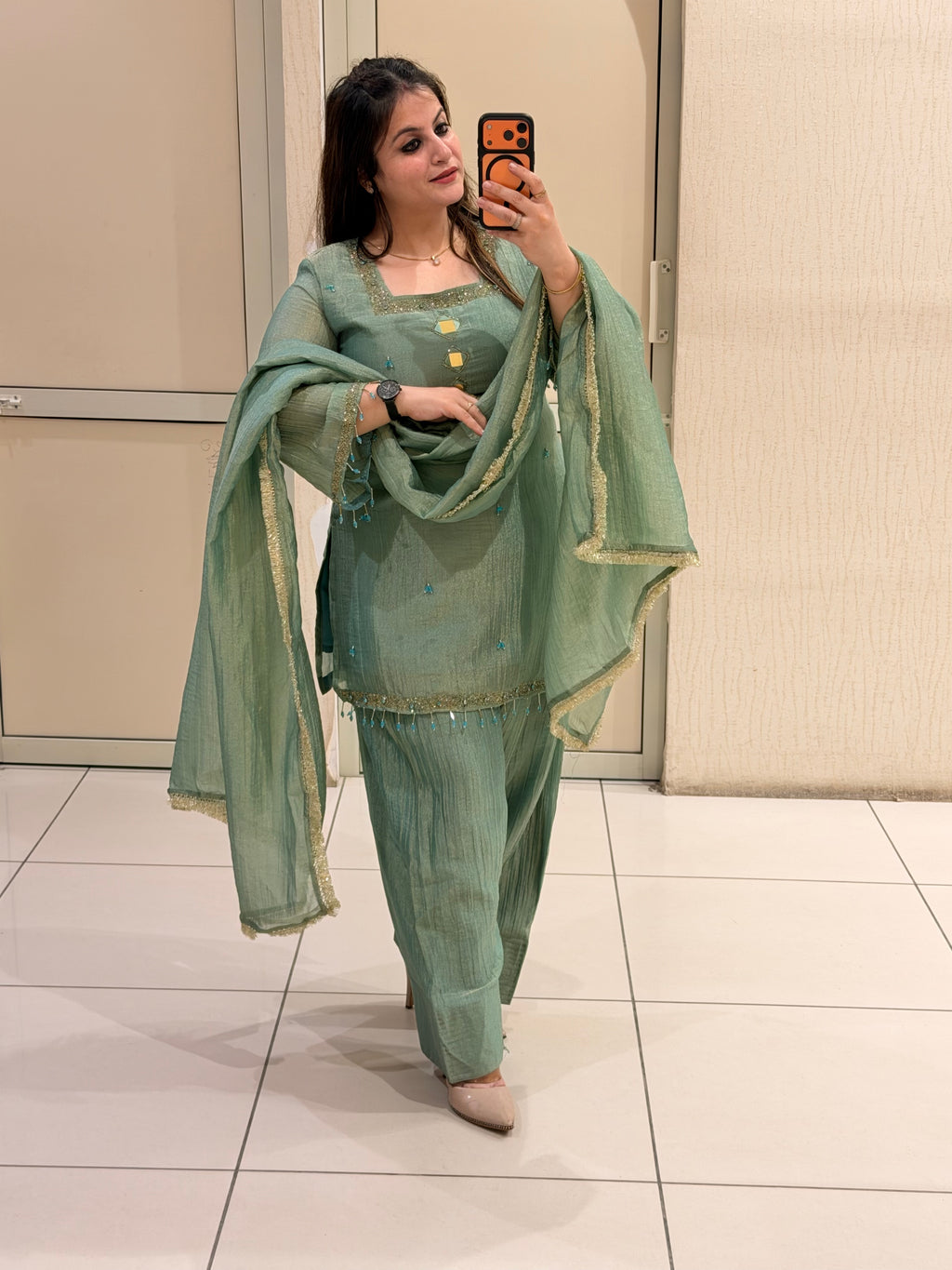 Pastel Green Crush Suit Set with Dupatta