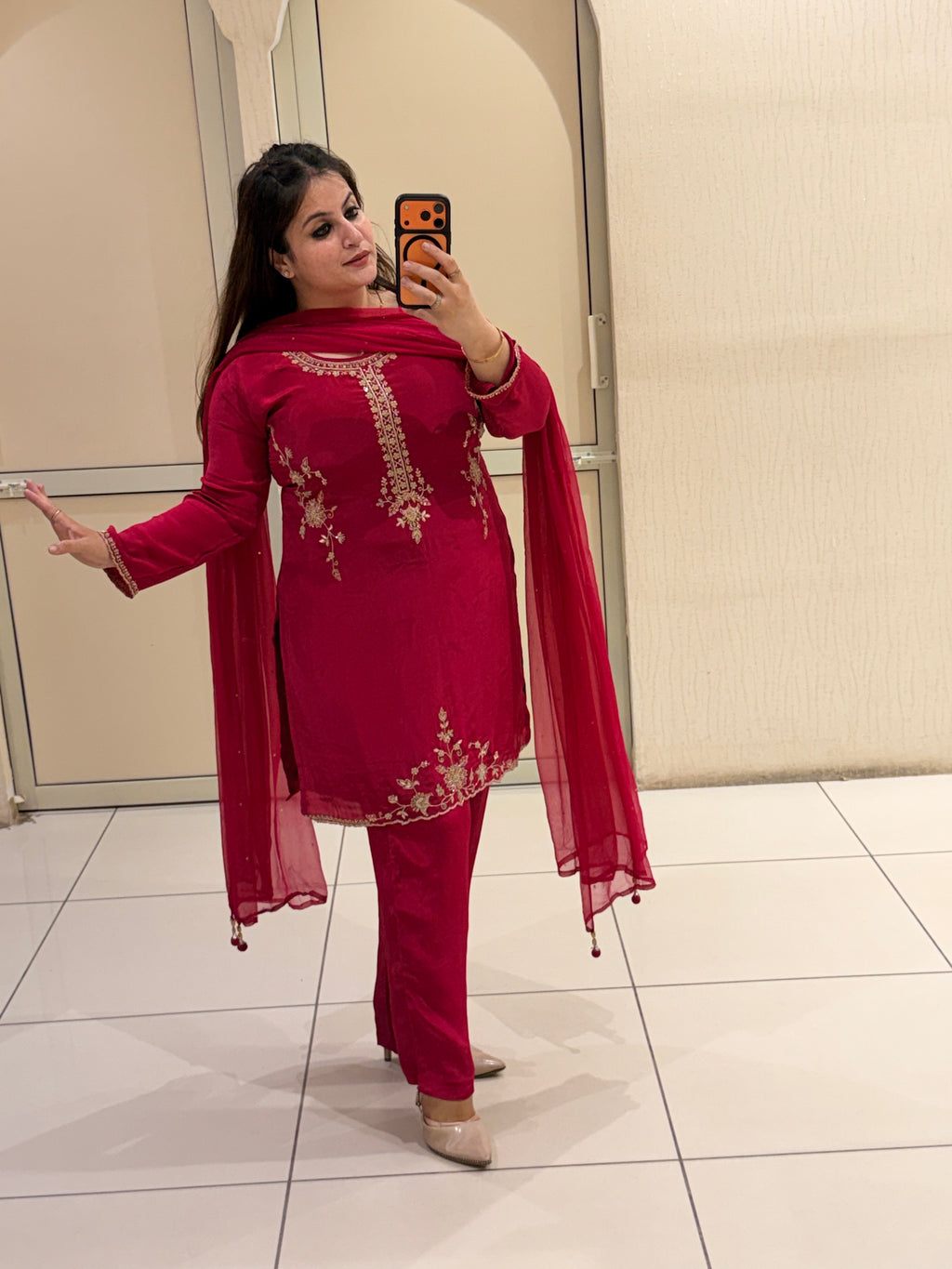 Premium Crepe Handwork Suit Set with Dupatta – Rani Pink