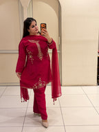 Premium Crepe Handwork Suit Set with Dupatta – Rani Pink