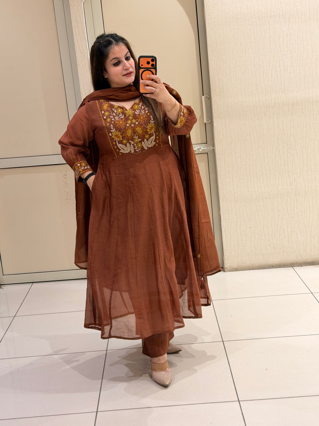 Brown Mul Chanderi Embroidered Suit Set (M–XXL)