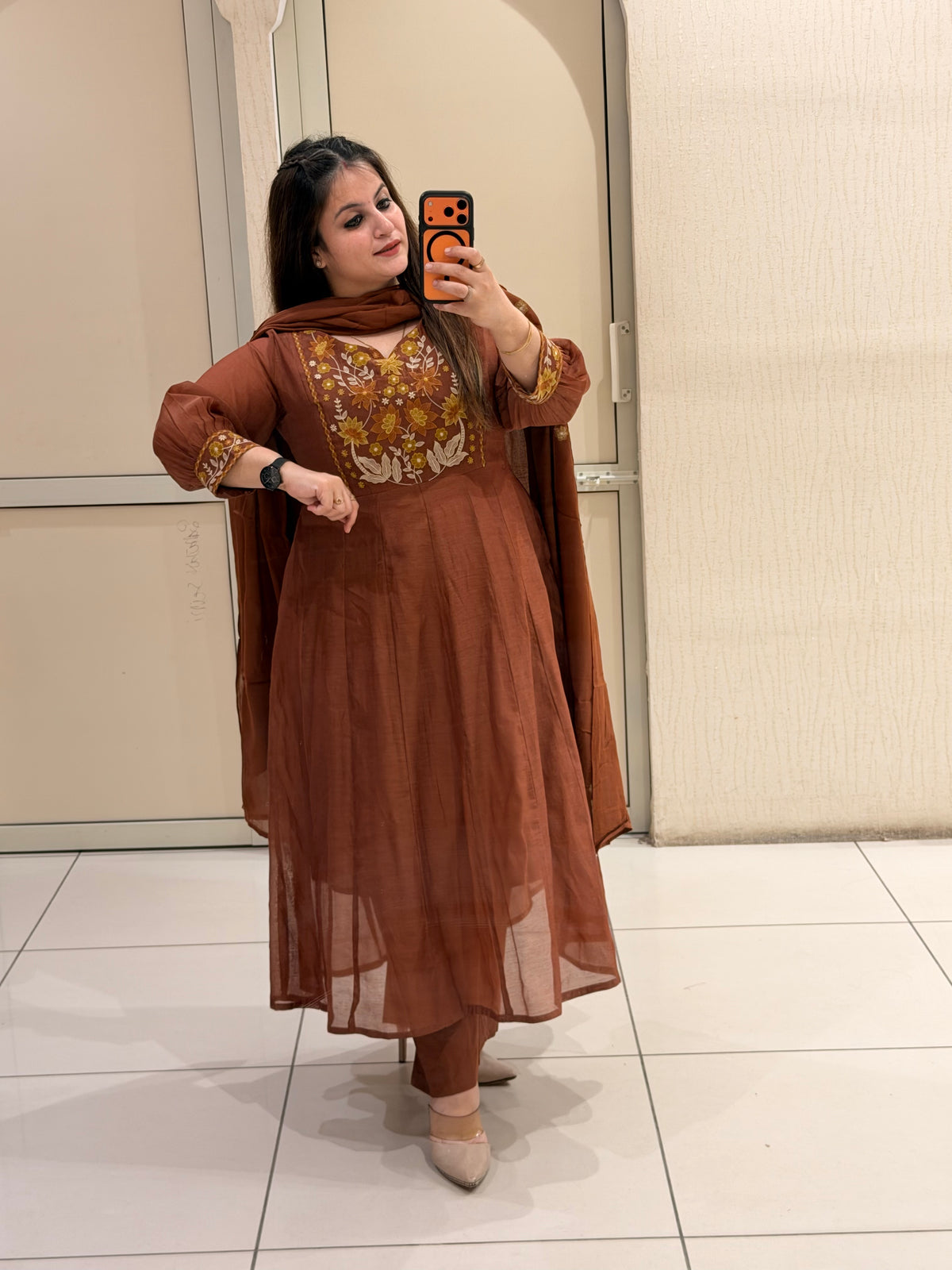 Brown Mul Chanderi Embroidered Suit Set (M–XXL)