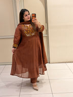 Brown Mul Chanderi Embroidered Suit Set (M–XXL)