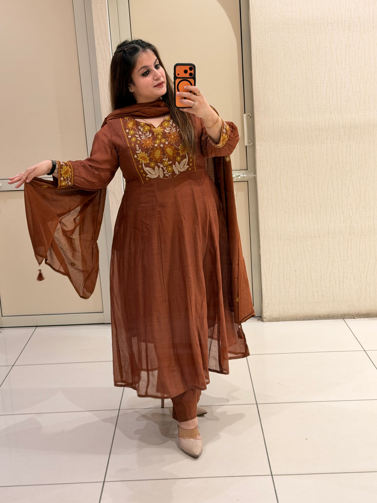 Brown Mul Chanderi Embroidered Suit Set (M–XXL)