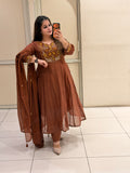 Brown Mul Chanderi Embroidered Suit Set (M–XXL)