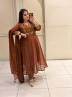 Brown Mul Chanderi Embroidered Suit Set (M–XXL)