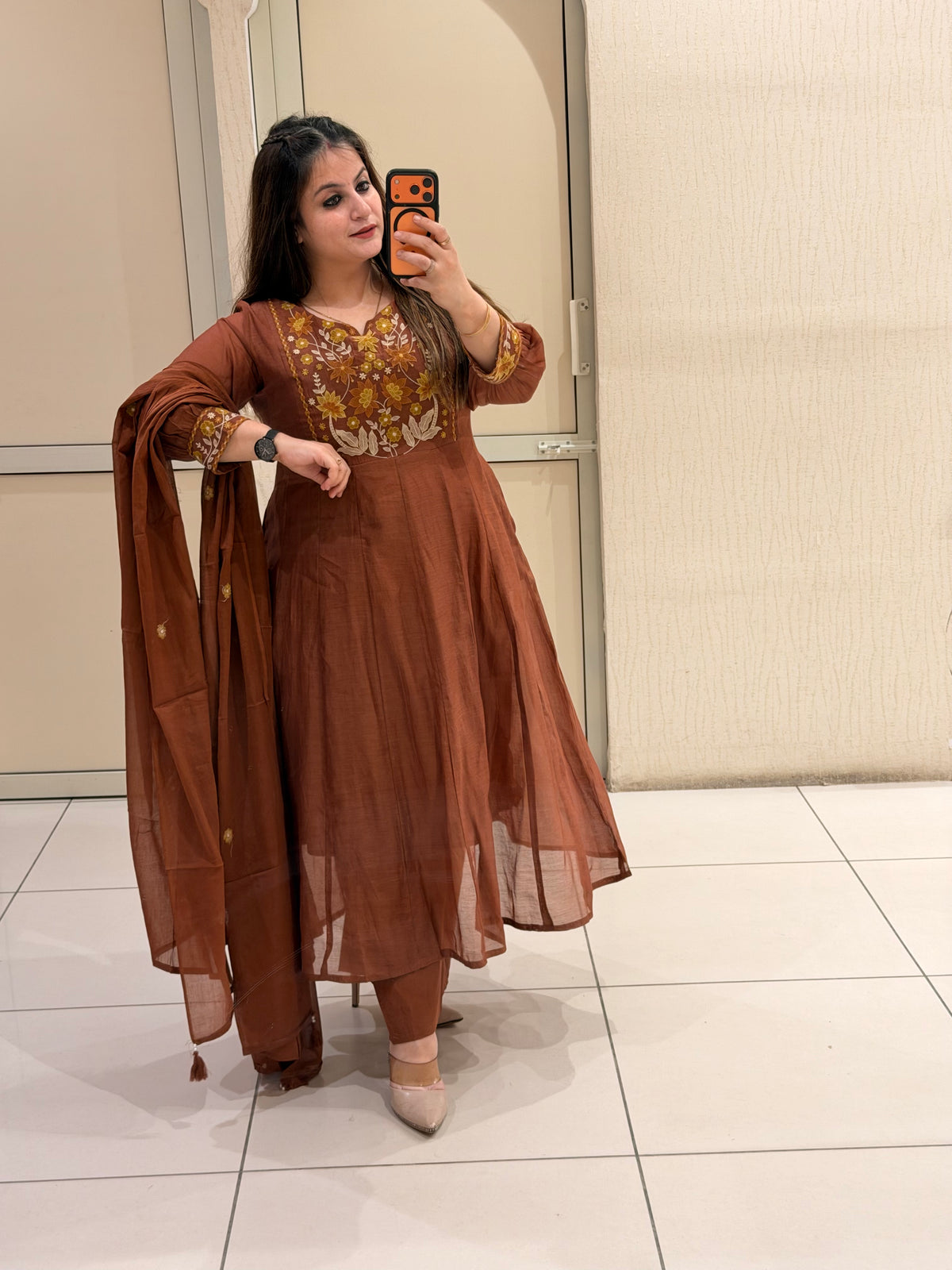Brown Mul Chanderi Embroidered Suit Set (M–XXL)