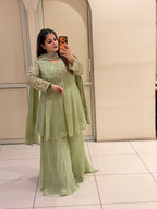 Pista Green Chinon Embroidered Sharara Suit (M–XXL)
