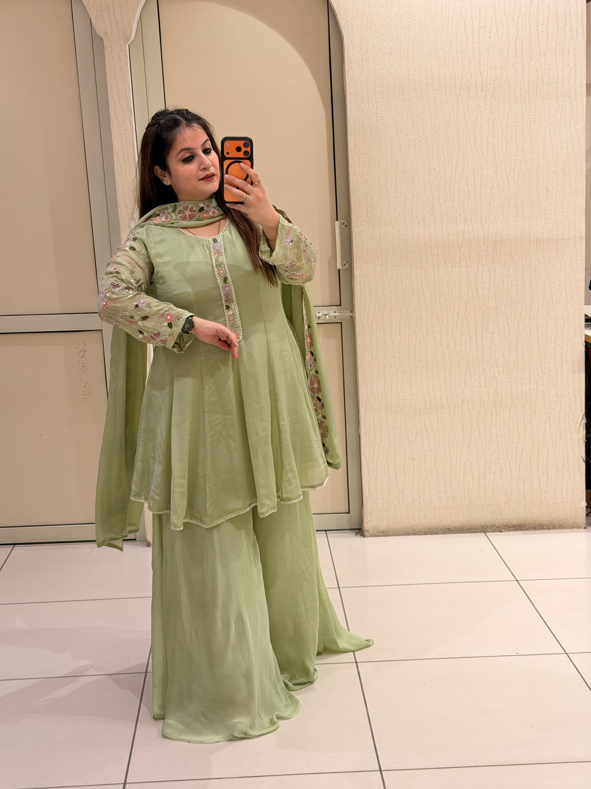Pista Green Chinon Embroidered Sharara Suit (M–XXL)
