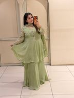 Pista Green Chinon Embroidered Sharara Suit (M–XXL)
