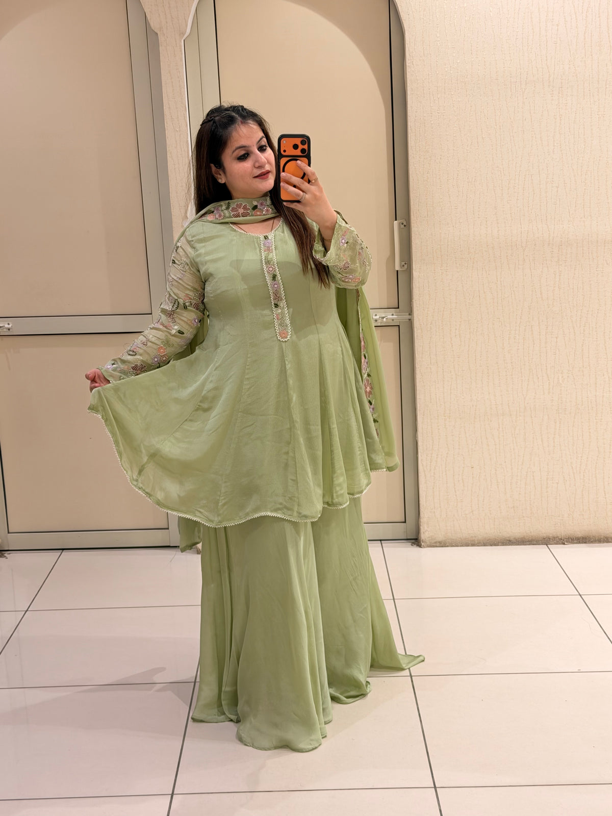 Pista Green Chinon Embroidered Sharara Suit (M–XXL)