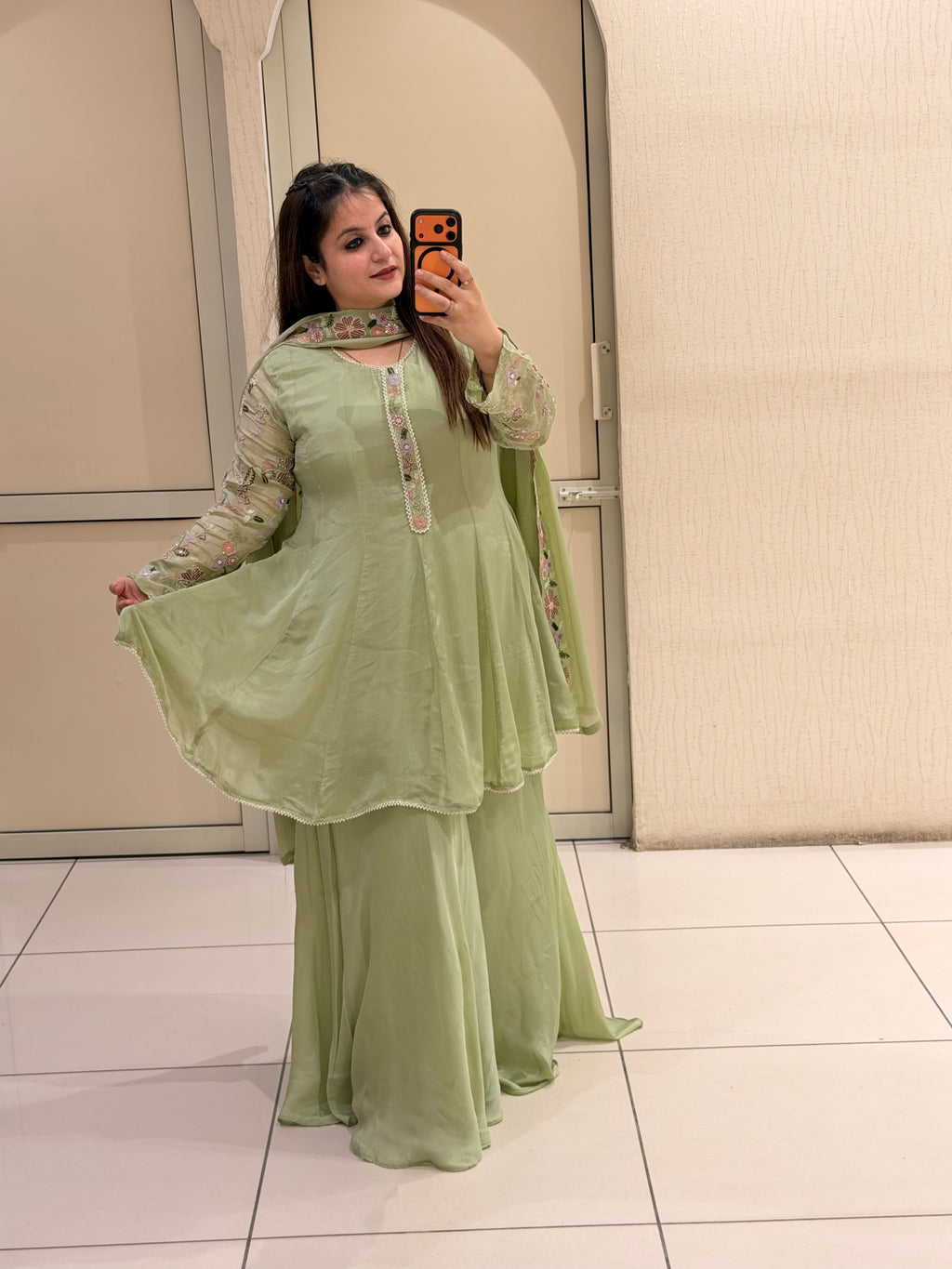 Pista Green Chinon Embroidered Sharara Suit (M–XXL)