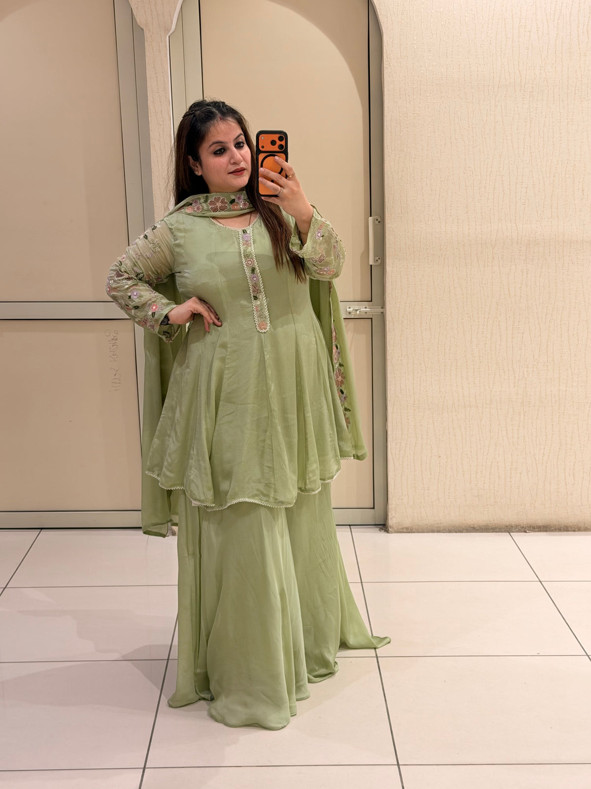 Pista Green Chinon Embroidered Sharara Suit (M–XXL)
