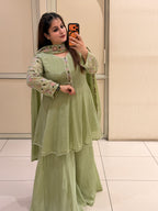 Pista Green Chinon Embroidered Sharara Suit (M–XXL)