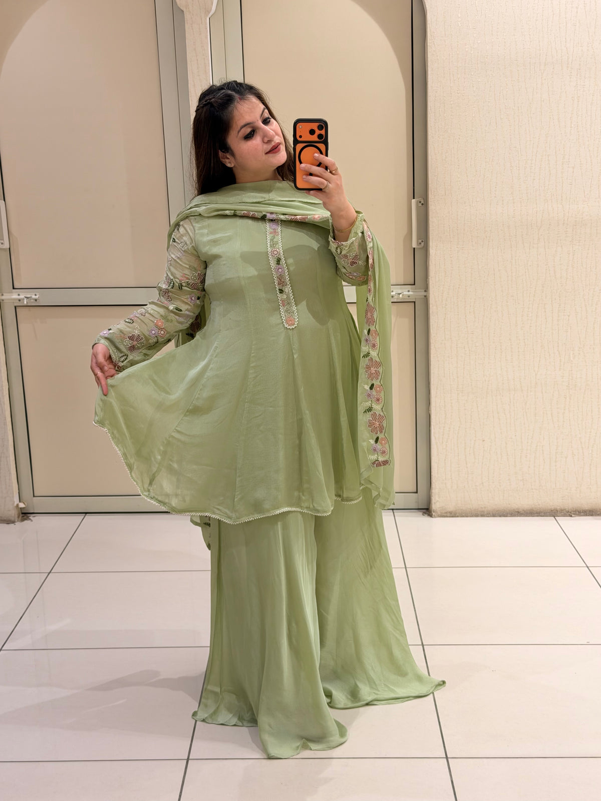 Pista Green Chinon Embroidered Sharara Suit (M–XXL)
