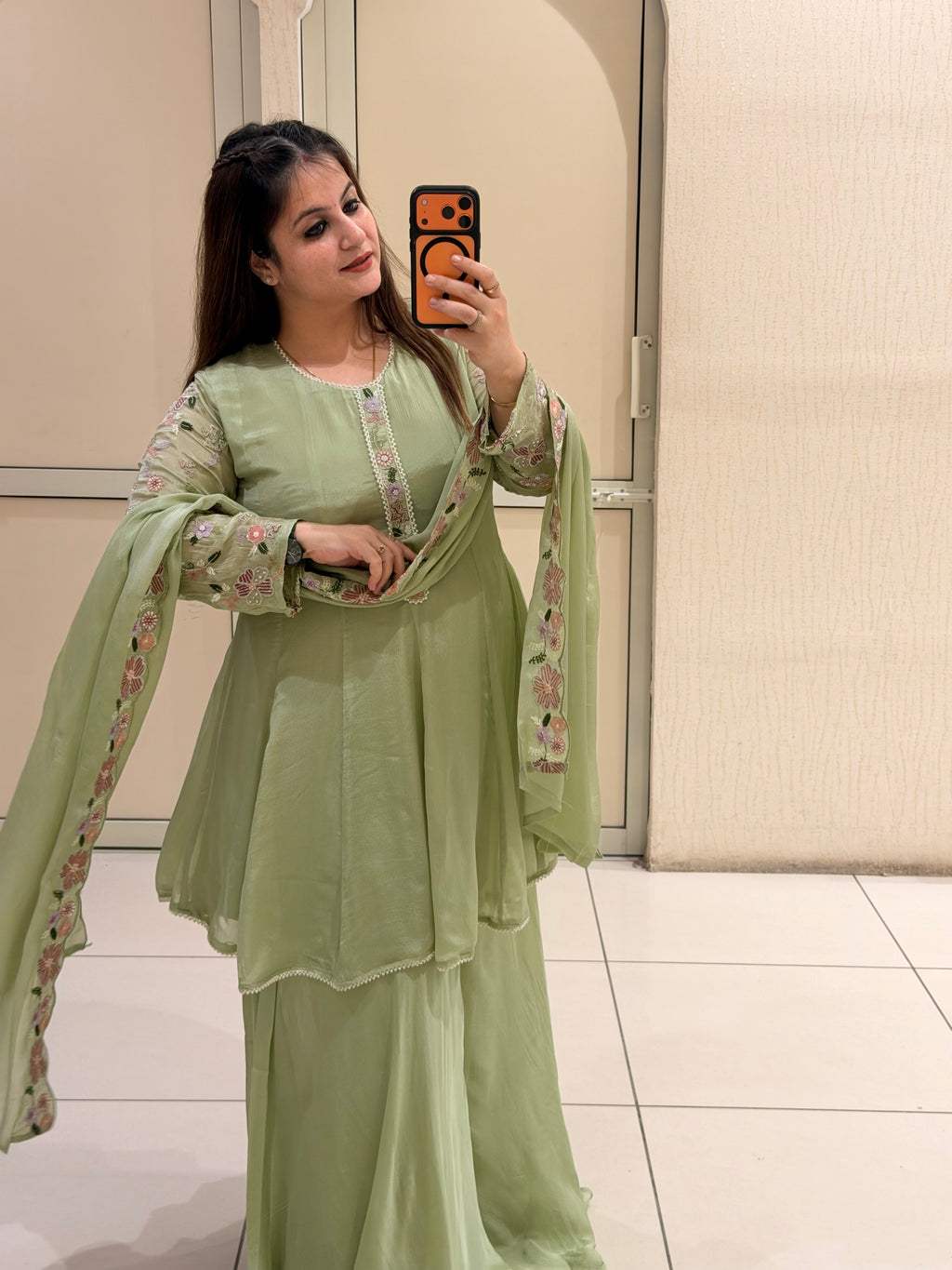 Pista Green Chinon Embroidered Sharara Suit (M–XXL)