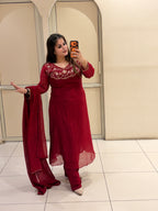 Maroon Pure Mul Embroidered Suit Set with Dupatta