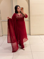 Maroon Pure Mul Embroidered Suit Set with Dupatta