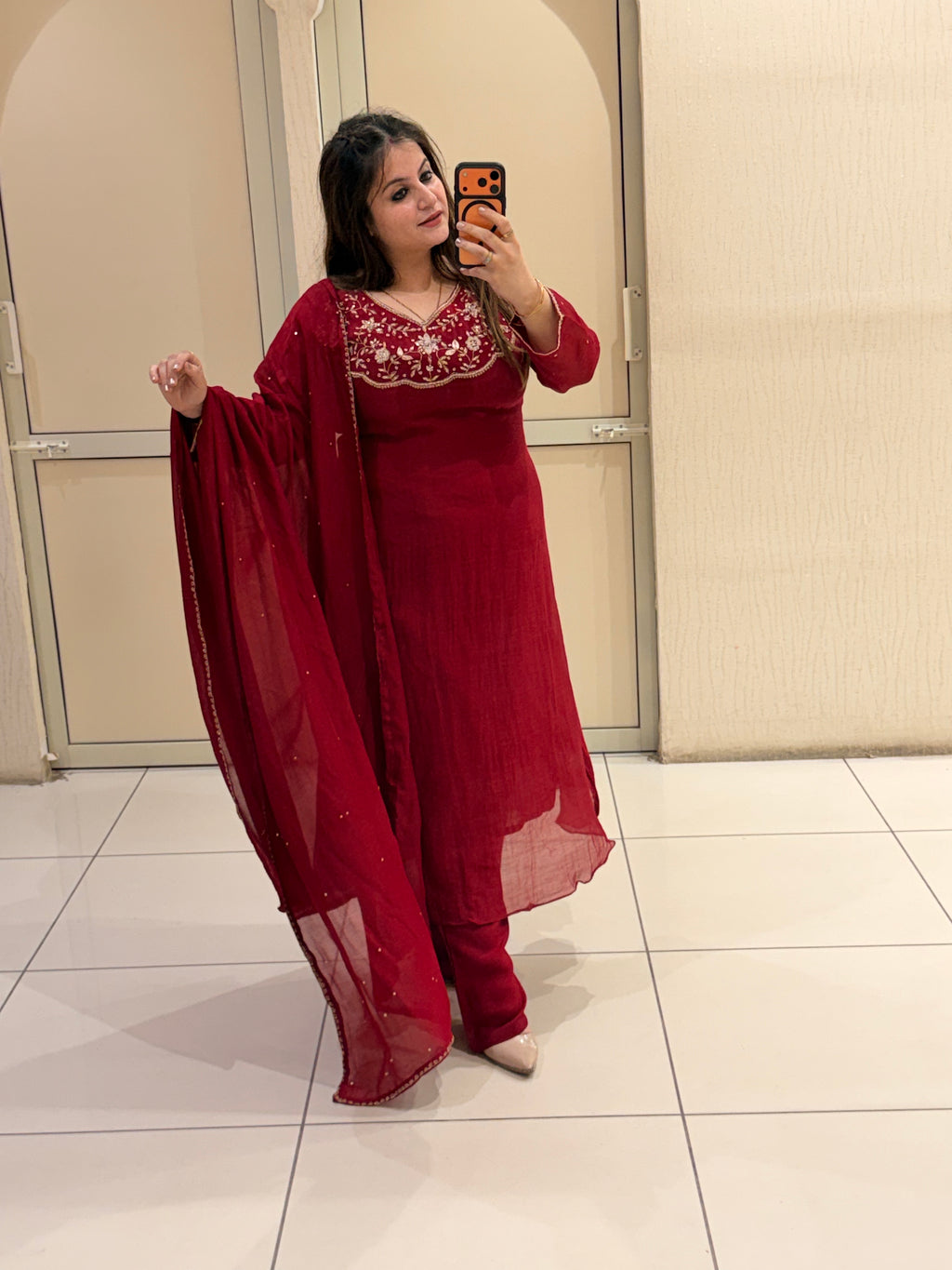 Maroon Pure Mul Embroidered Suit Set with Dupatta
