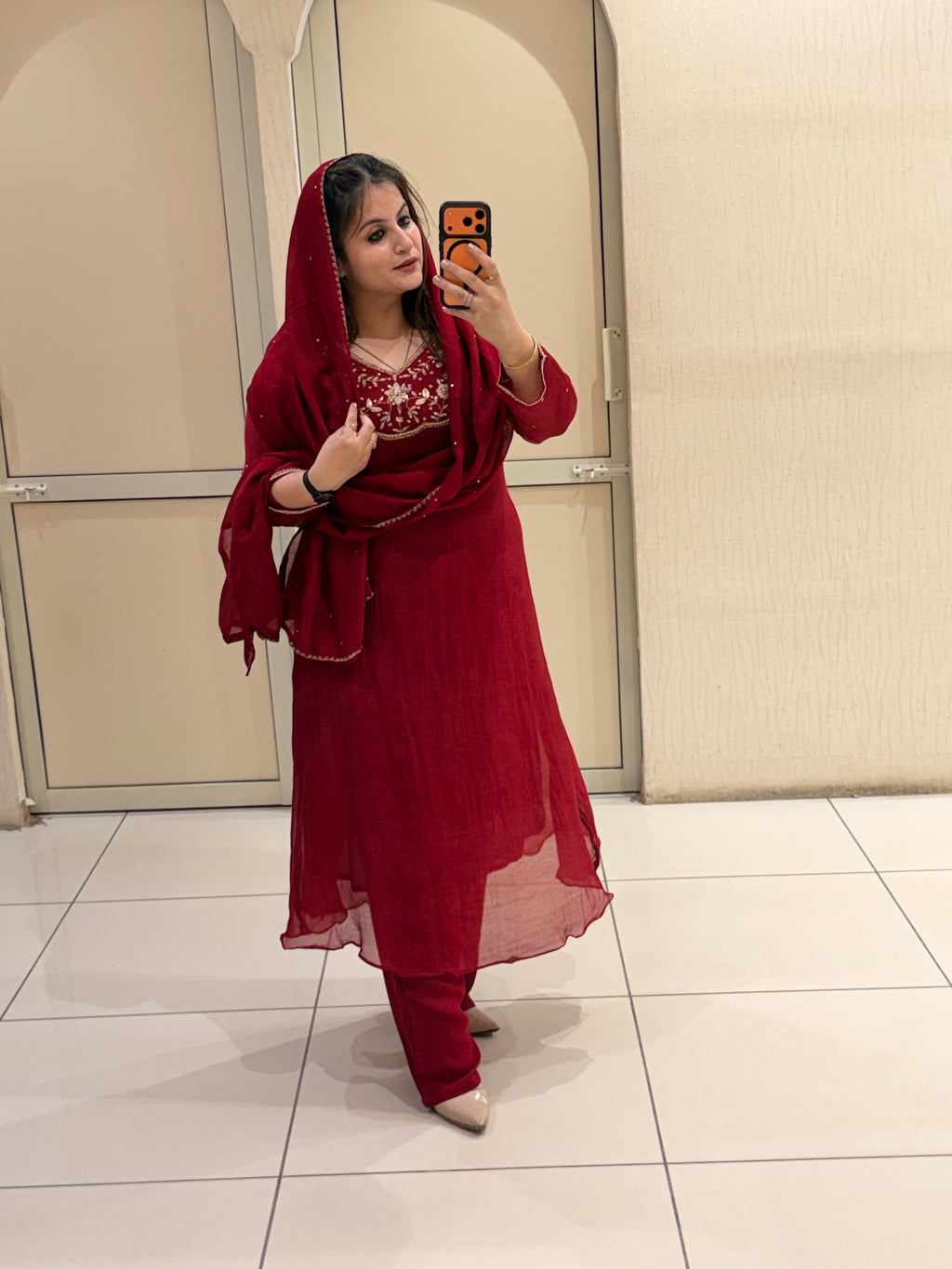 Maroon Pure Mul Embroidered Suit Set with Dupatta