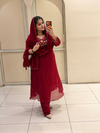 Maroon Pure Mul Embroidered Suit Set with Dupatta