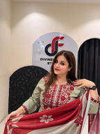 Wine & Cream Cotton Embroidered Suit Set