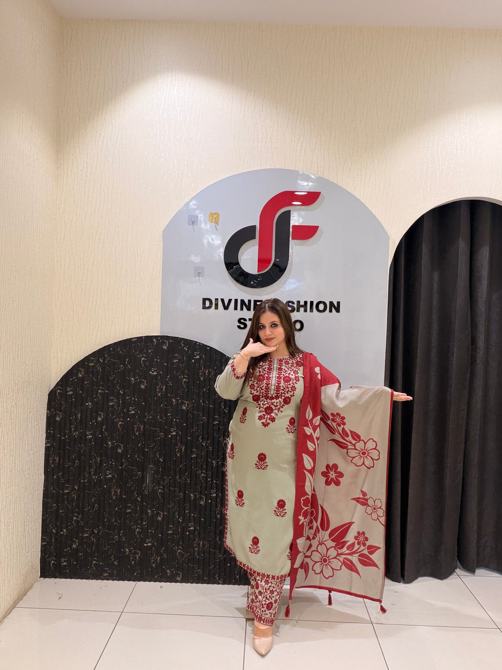 Wine & Cream Cotton Embroidered Suit Set
