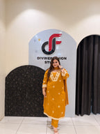 Mustard Yellow Cotton Embroidered Kurta Set