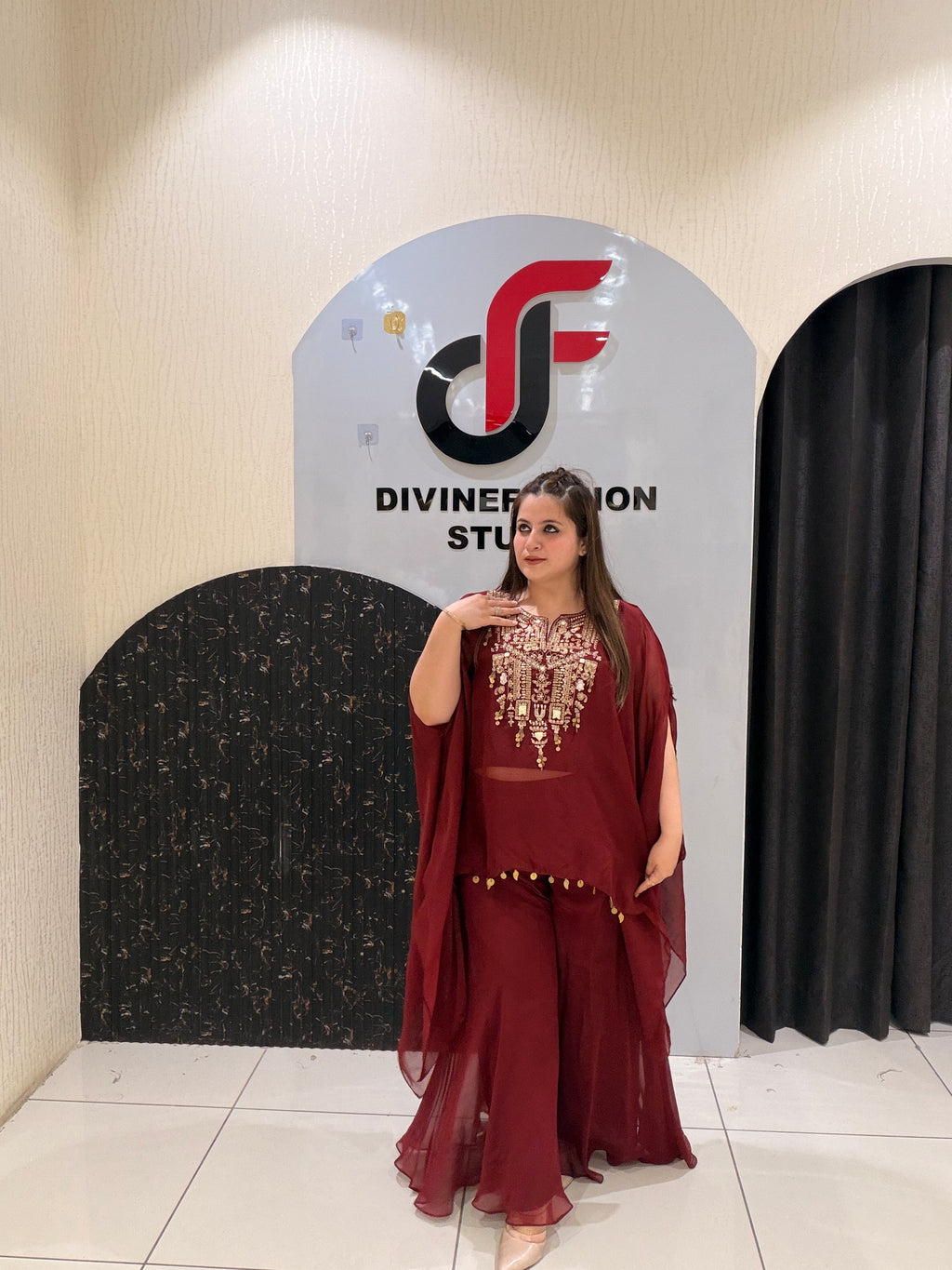 Maroon Soft Pure Tissue Handwork Designer Dress