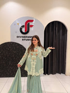 Pastel Green Designer Embroidered Sharara Suit