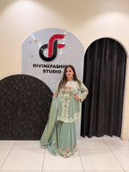 Pastel Green Designer Embroidered Sharara Suit