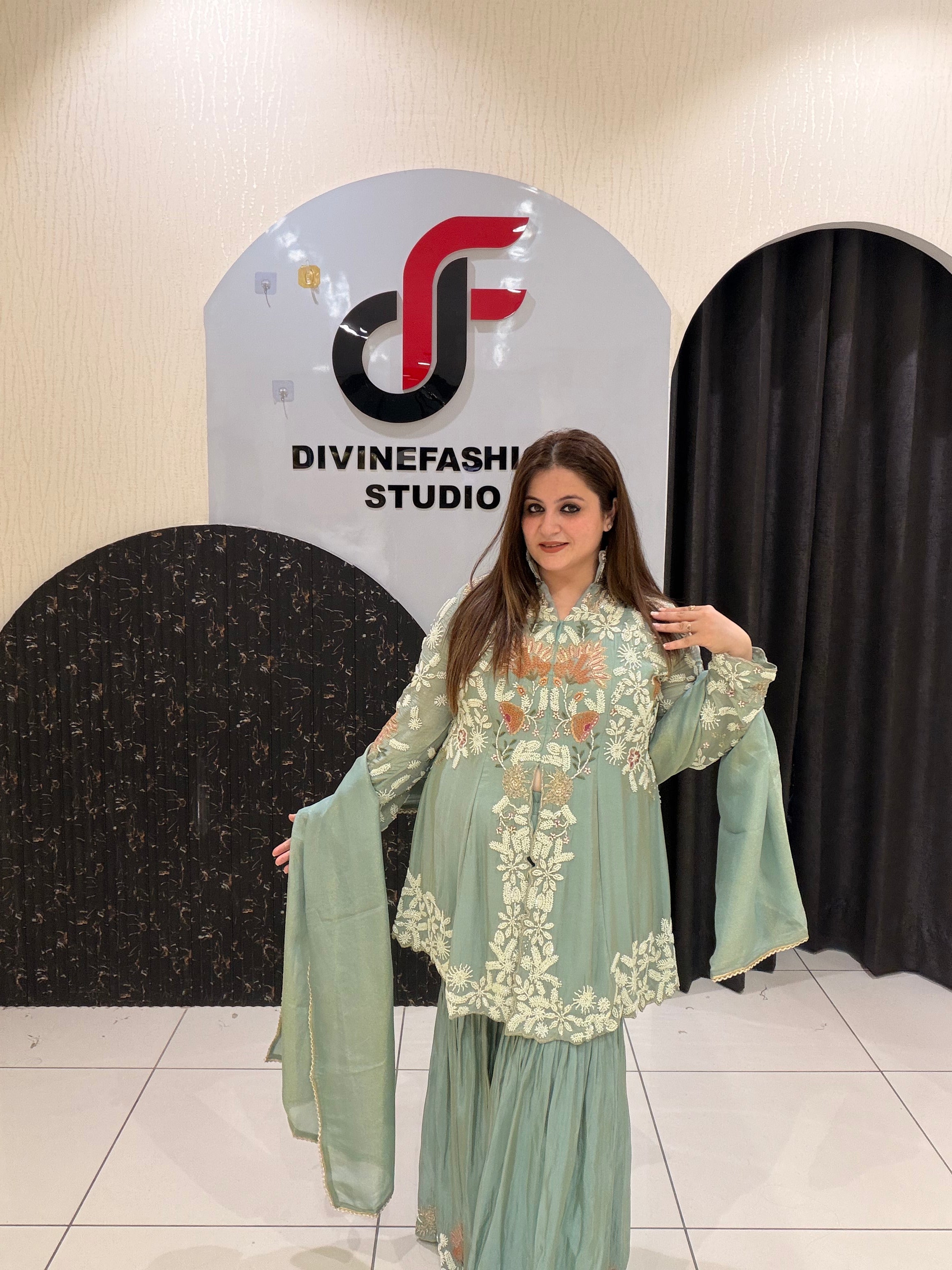 Pastel Green Designer Embroidered Sharara Suit (M–XXL)