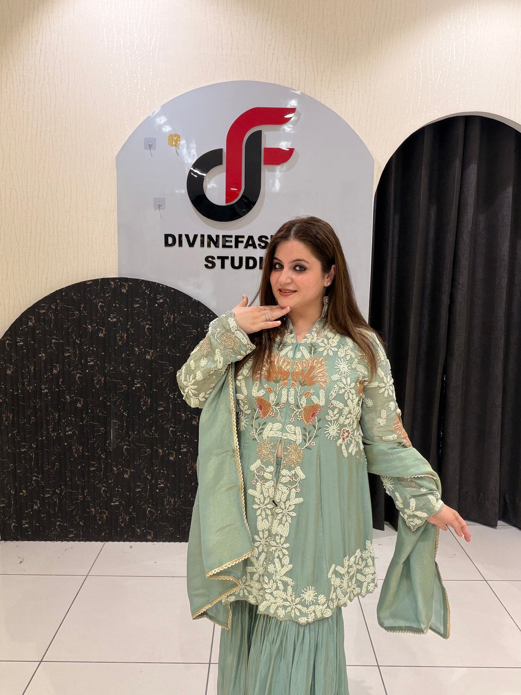 Pastel Green Designer Embroidered Sharara Suit (M–XXL)