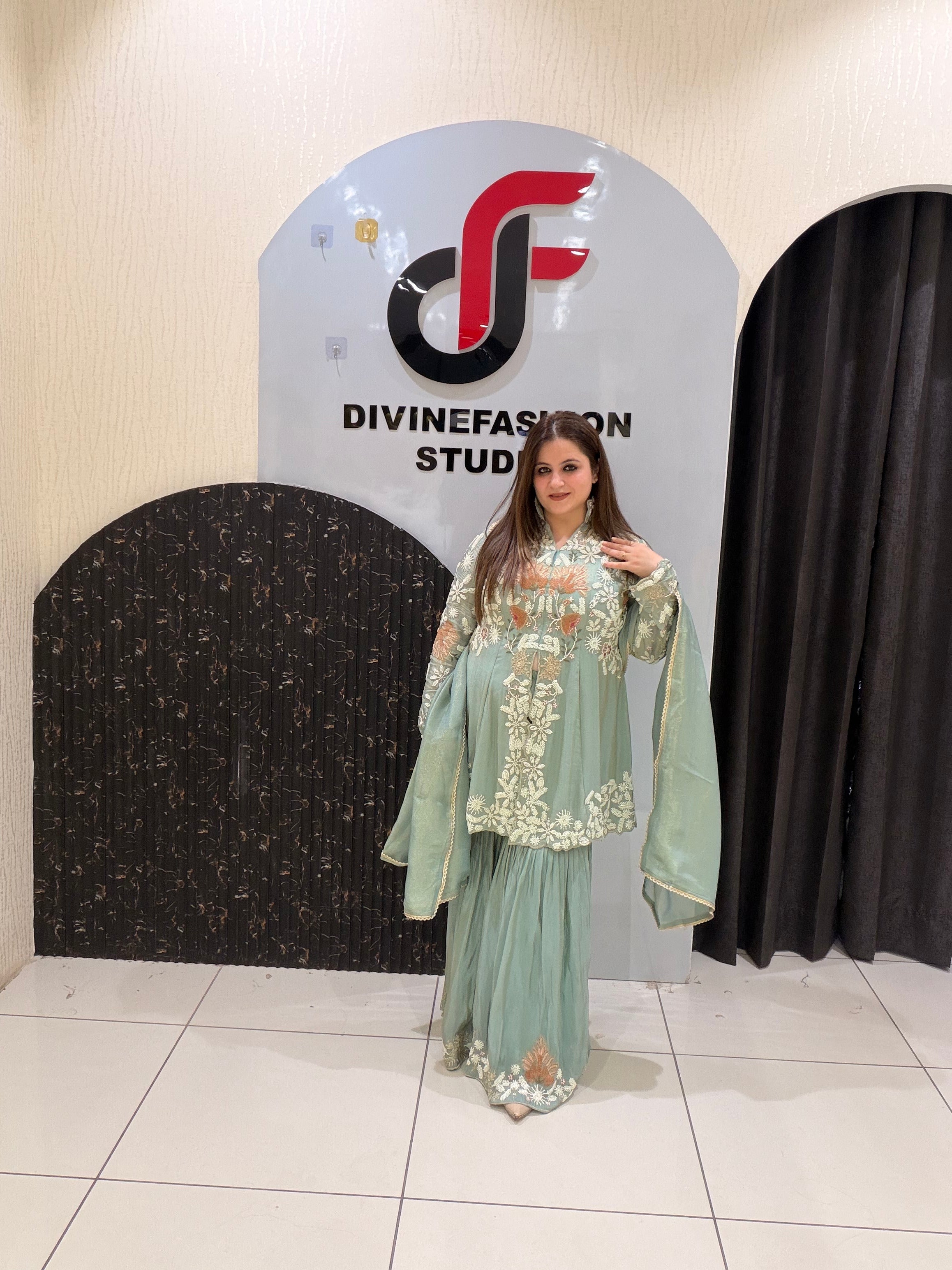 Pastel Green Designer Embroidered Sharara Suit (M–XXL)