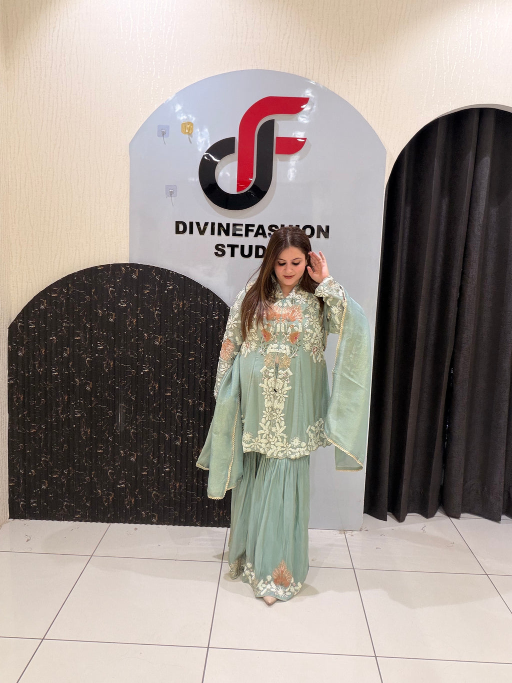 Pastel Green Designer Embroidered Sharara Suit (M–XXL)
