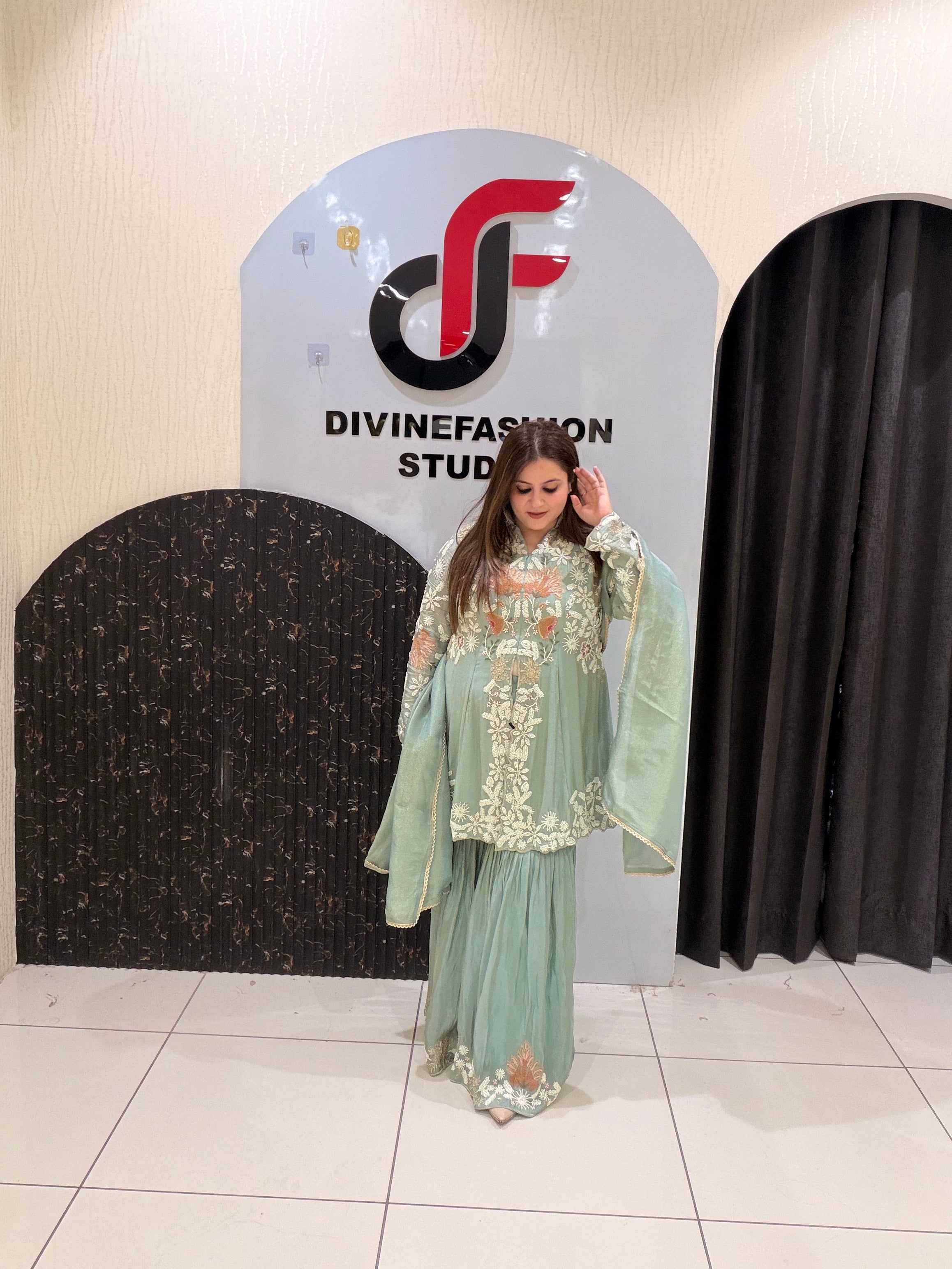 Pastel Green Designer Embroidered Sharara Suit (M–XXL)