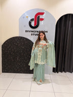 Pastel Green Designer Embroidered Sharara Suit (M–XXL)