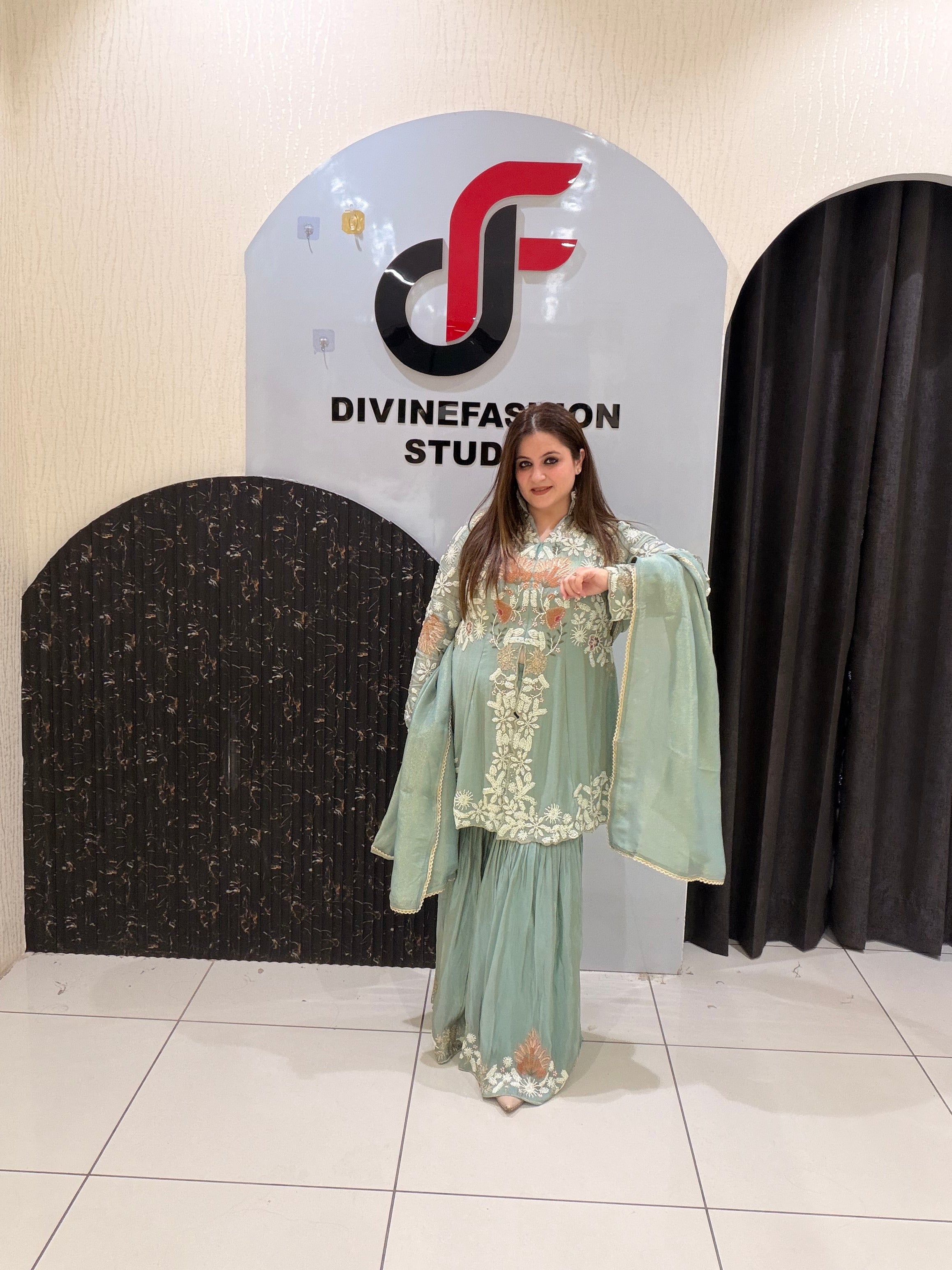 Pastel Green Designer Embroidered Sharara Suit (M–XXL)