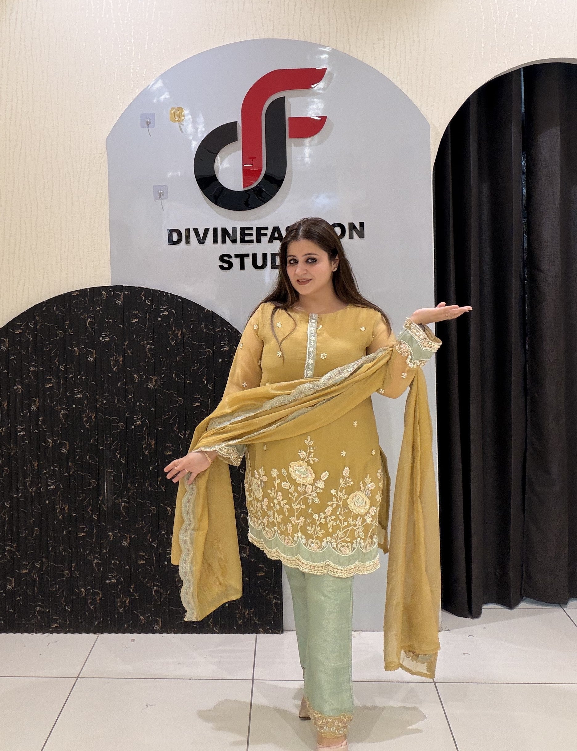 Mustard Yellow Handwork Partywear Dress (L–3XL)
