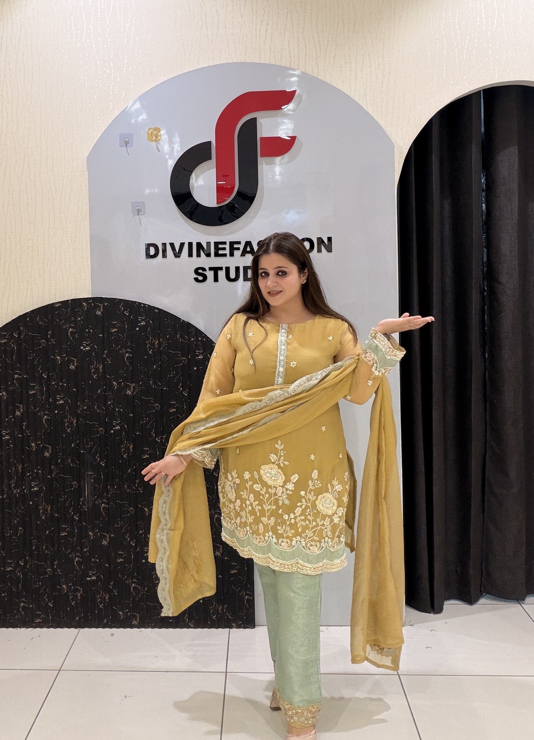 Mustard Yellow Handwork Partywear Dress (L–3XL)